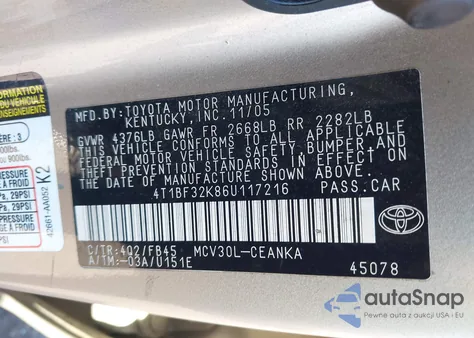 2006 Toyota Camry Le V6 z USA, uszkodzony, nr VIN 4T1BF32K86U117216